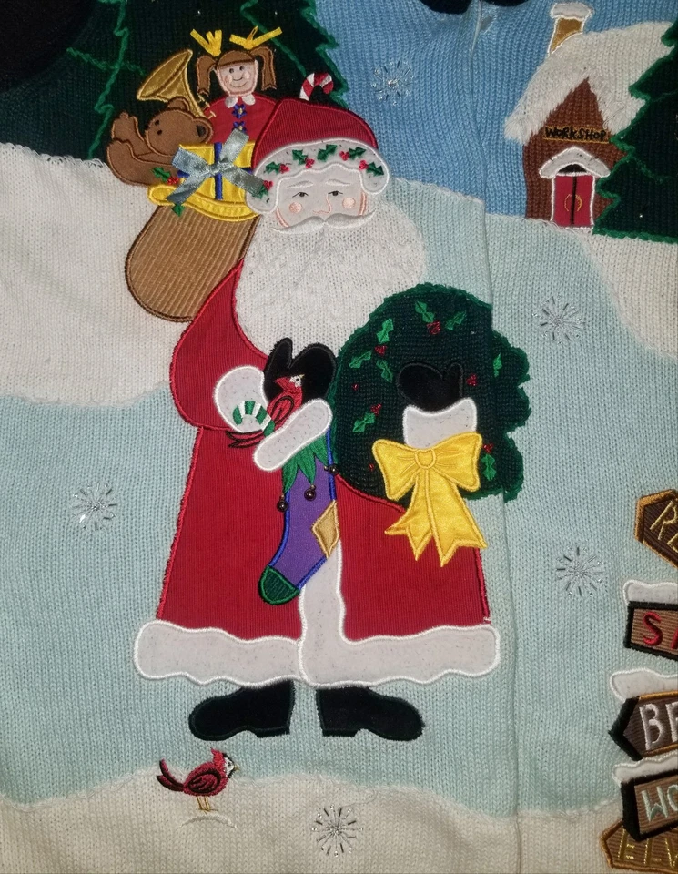 The QUACKER FACTORY Christmas Cardigan Sweater Embroidered Santa Noise Maker LG - Image 4 of 4