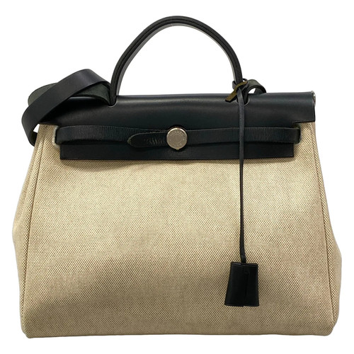 HERMES Herbag PM Beige Black Toile H Leather Square E Handbag