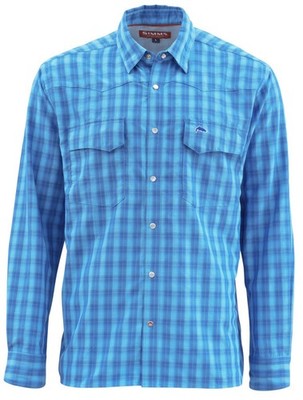 Simms Fishing Big Sky LS Shirt Blue Pearl Snap UPF Travel Fishing UPF Shirt NEW