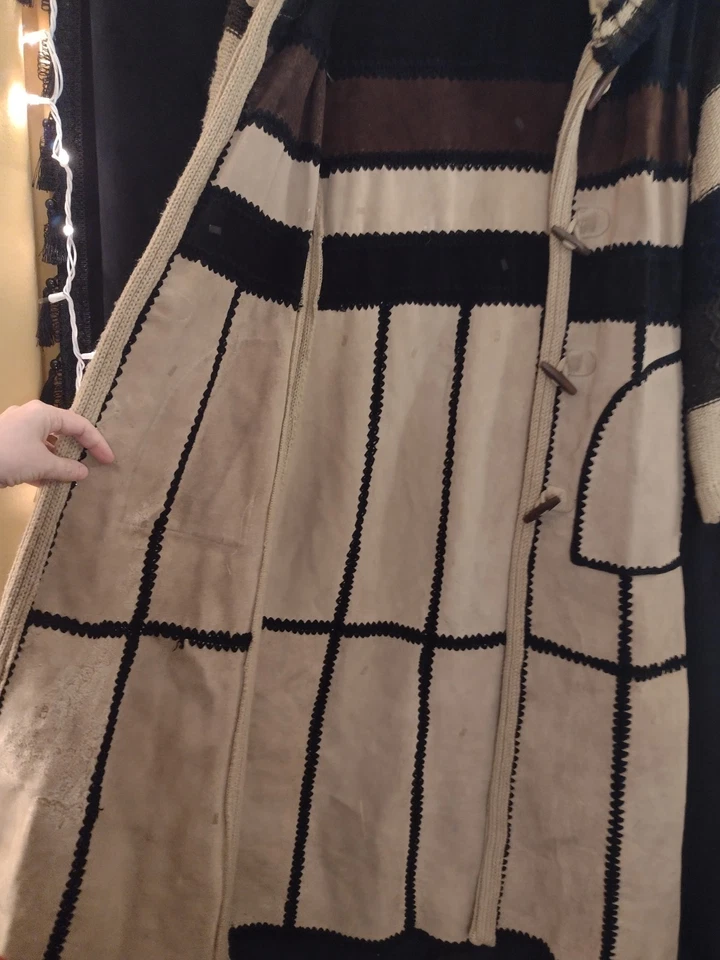 VTG 70s Leather Bug Suede Knit Duster Coat Korea Boho Toggle Unisex S - Image 4 of 4