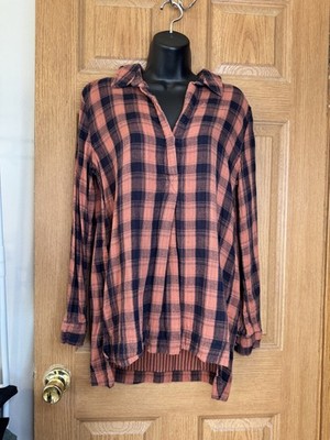 Blu Pepper Pullover Hi-Lo Top Womens Size Medium Orange Plaid Long Sleeve Casual