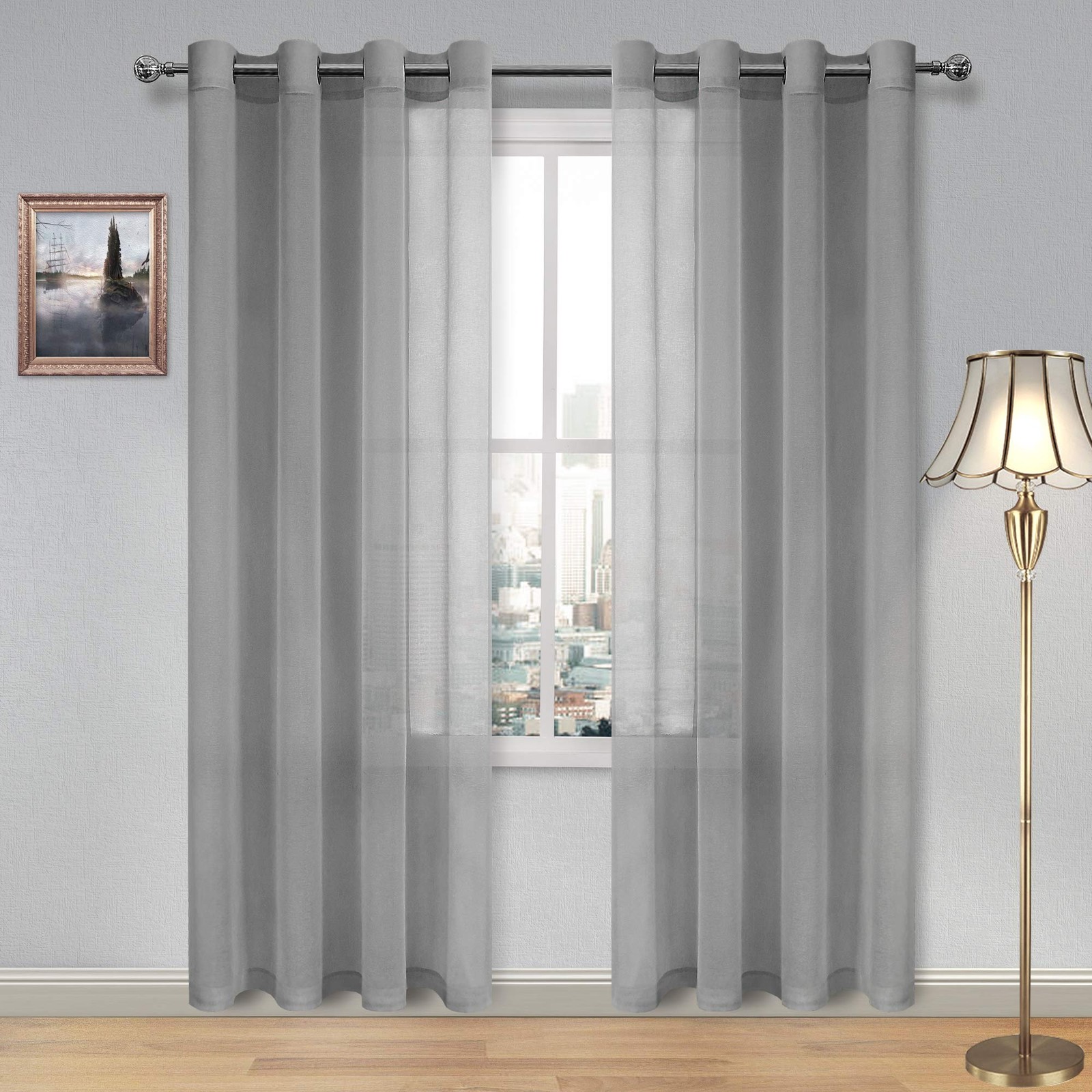 DWCN Grey Faux Linen Sheer Curtains Voile Drapes 52x84 Grommet for Living Room