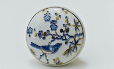 1 White Blue Bird Floral Ceramic Cabinet Knob Round Polished Gold Hardware