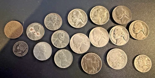 Wartime 5¢ (6), steel penny (5), mercury 10¢, Canada 5¢, Austrian Kreuzer