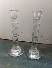 Pair Of 8" Clear Pressed Glass Candlesticks - Spiral Design -Excellent Condition