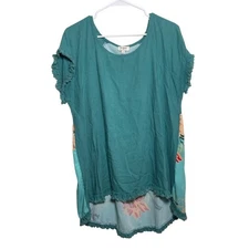 Umgee Blouse Women's Large Round Neck Short Sleeve Floral Boho Casual Top