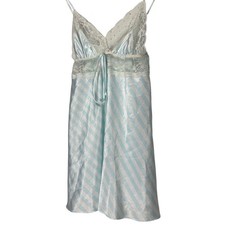VTG Victoria's Secret Blue Striped Satin Lace Rhinestone Chemise Nightgown Sz S