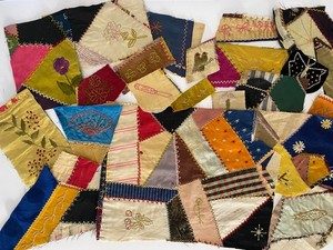 Vintage Crazy Quilt Embroidered Pieces Silk Cotton Sewing Project 25 Pieces