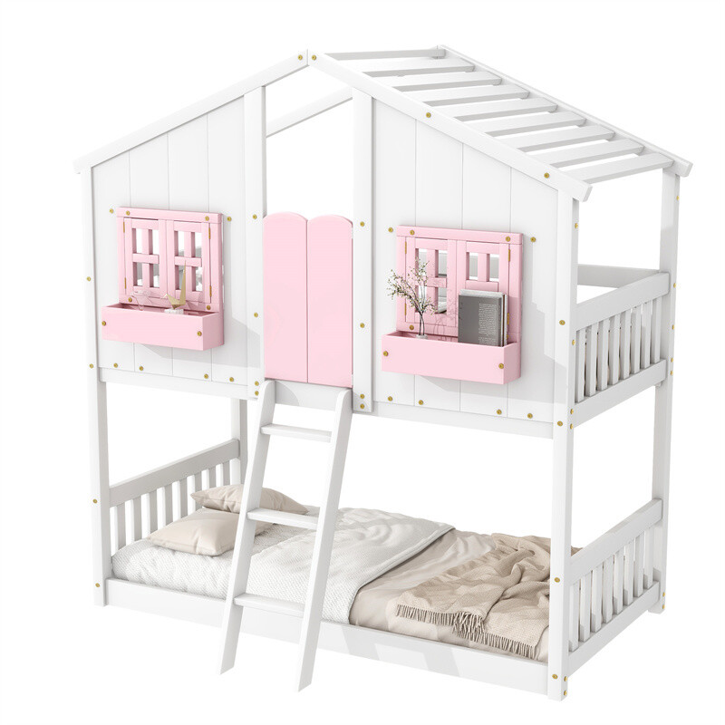 Twin over Twin House Bunk Bed with Roof,Window,Storage Box,Door for Kids Gifts
