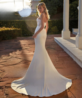 underwear for a backless dress Dreamyannie Women Ivory Beach Wedding Dress A Line V Neck Satin Backless  Bridal Dress with Slit – Dreamyannie UK main image 1