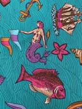 Hoffman Mermaid Fabric Engraved Tropicals Fish Seashells Single Border Pink Teal