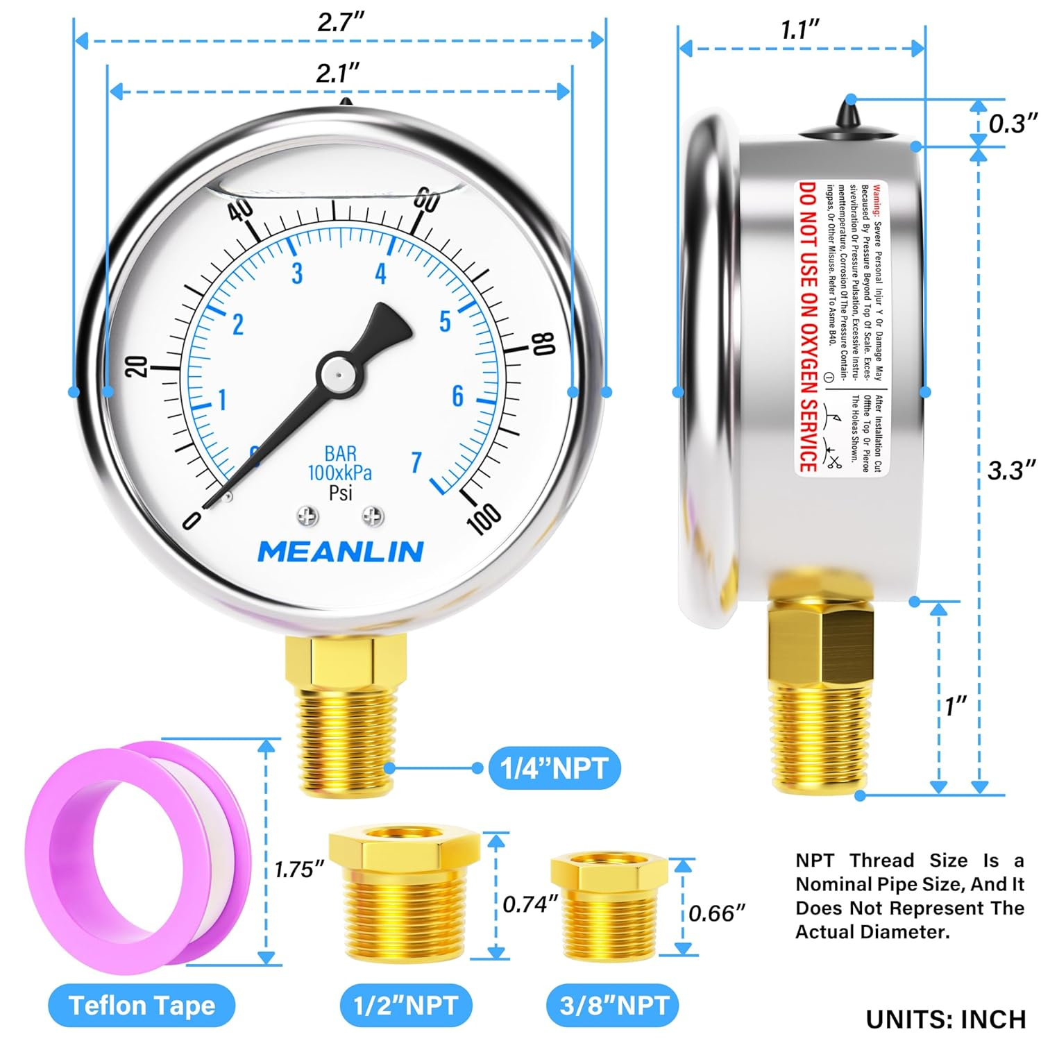 MEASURE 0~4BAR/0~60Psi Flüssigkeitsgefülltes Manometer,Edelstahl 1/4