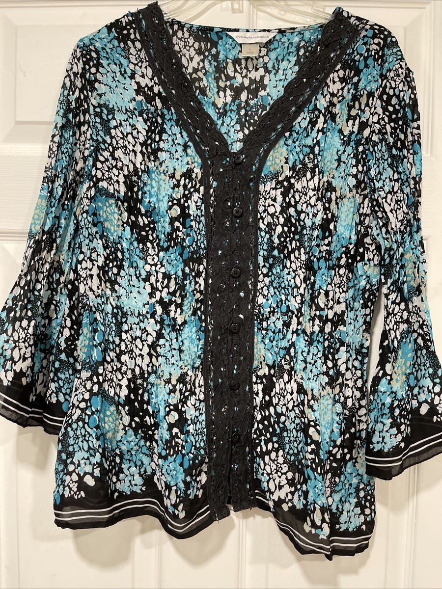 Chemisier Femme Christopher & Banks Taille M - Bleu Fleuri Avec Bouton Accent - Neuf Avec étiquettes