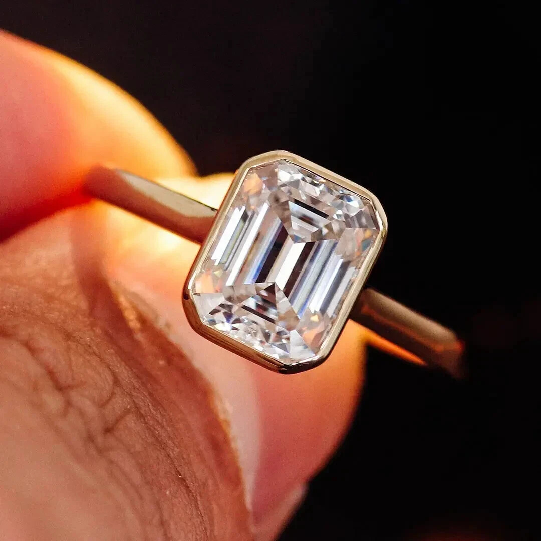 2.50 CTW Emerald Cut Moissanite Bezel Set Engagement Ring 14K Yellow Gold Plated