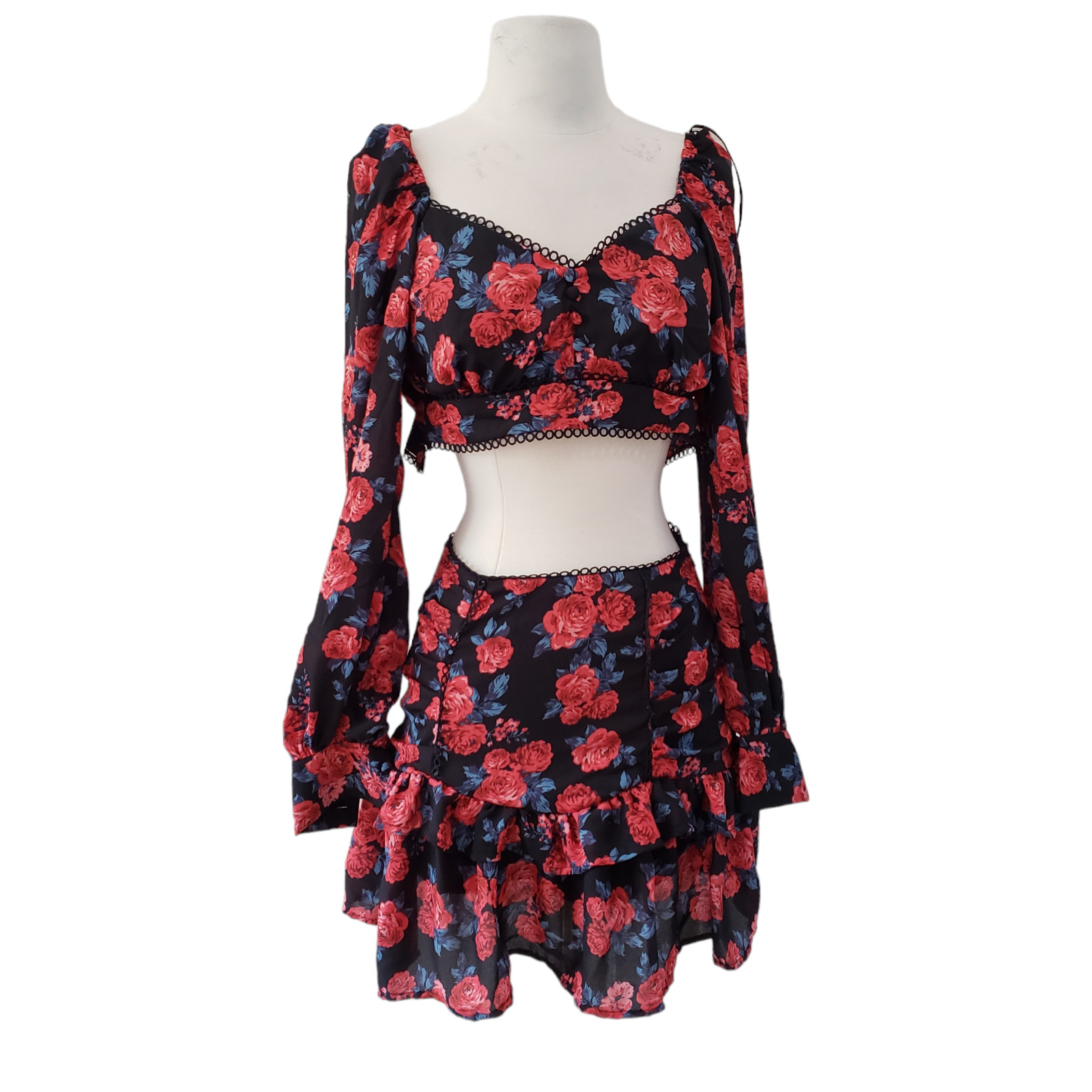 Love By Design Floral Rose Top and Ruffle Skirt Two Piece Set Black Size S NWT
