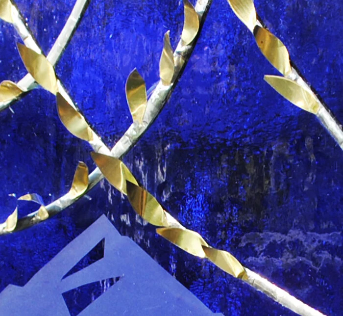 Stained Glass Window Panel two trees beveled blue mountain - Image 3 of 4