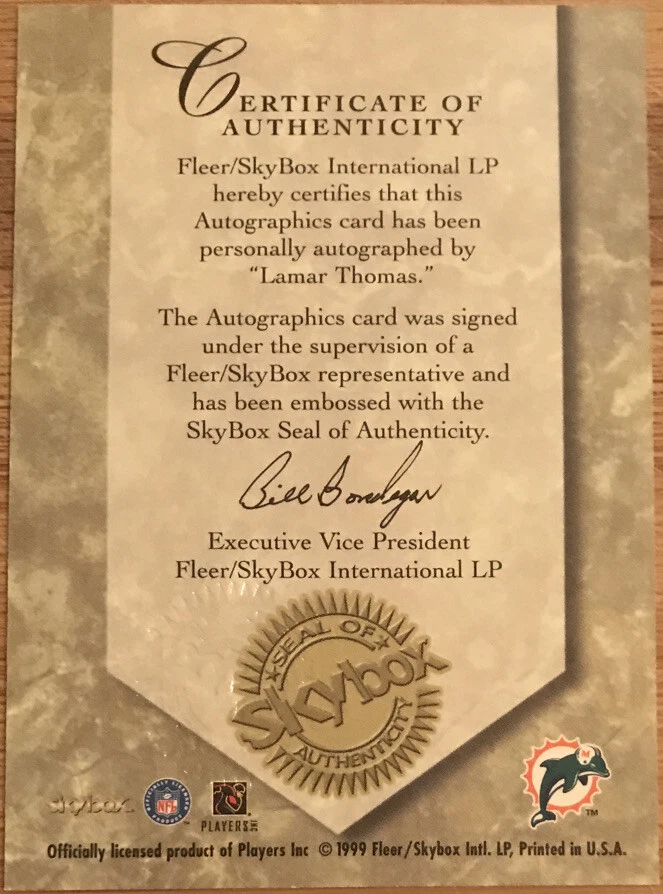 1999 Skybox Premium Autographics Lamar Thomas #75 Miami Dolphins - Image 2 of 2