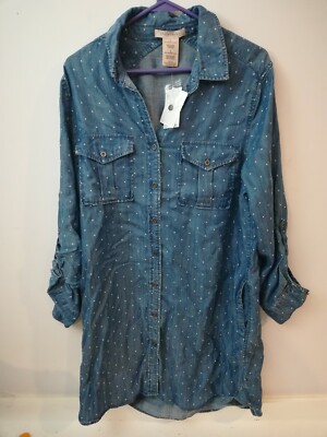 New LG Philosophy Tencel Blue Polka Dot Denim Look Shirt Dress Tunic Top Button