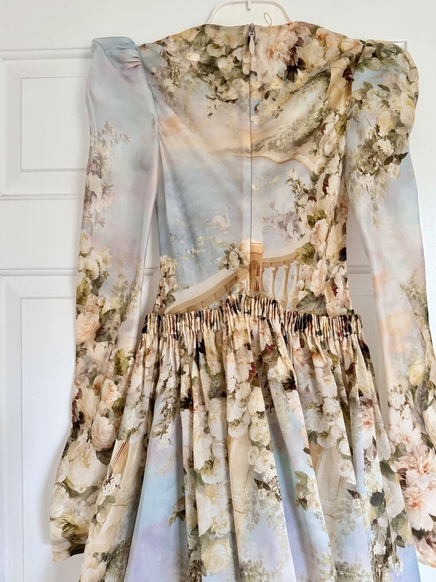 lyrical ruched midi dress NWOT $2,950 Zimmermann Lyrical Ruched Silk Floral Midi Maxi Dress Gown AU0 XS