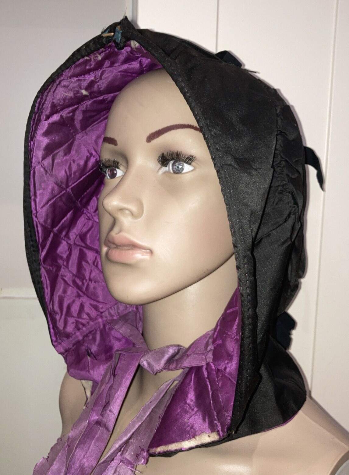 Vintage Black Silk Victorian Bonnet Hat, Purple Lining, Medium Size 9