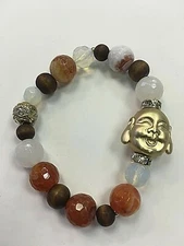 BEAUTIFUL  GOLD BUDDHA HEAD  MULTI-COLOR GLASS BEADED STRETCH BRACELET Good Luck