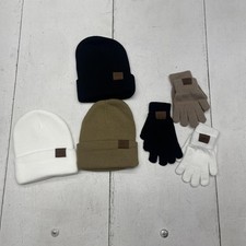 FASHION Hat Gloves Set Youth One Size Black White Khaki Knit Beanie 3 Pair