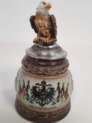 Deutscher Deckel Bierstein mit Adler Endstück - Zinndeckel - Relief Steinzeug