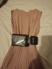 Women Brown Long Dress Small Size With Dark Brown Belt Faux Leather