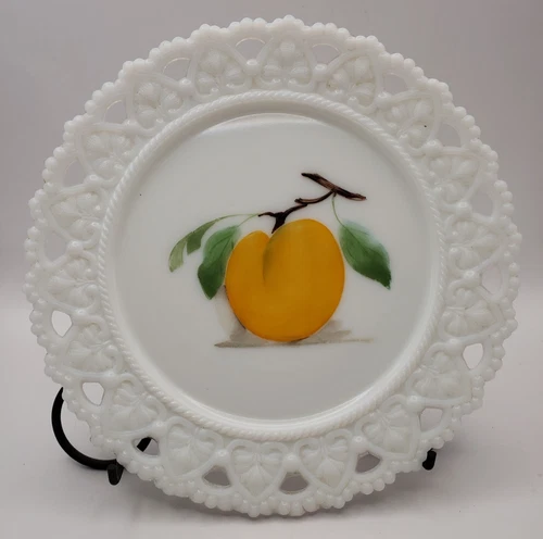 Vintage Kemple Lace Edge Milk Glass Plates with Hand Painted Fruit Peach