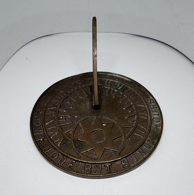 Round Metal Sundial w/ Raised Gnomon, Brown Patina Finish, Sun Theme