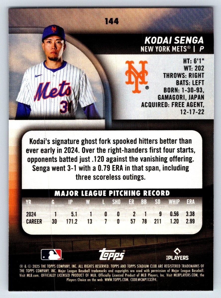 2025 Topps Stadium Club 144 Kodai Senga New York Mets | eBay