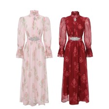 Summer New Ethnic Women Floral Printed Long Sleeve Ruffle Edge Lace A-Line Dress