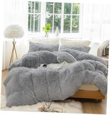 Plush Shaggy Duvet Cover Set 3 Pieces Aesthetic Fluffy Comforter Queen Grey