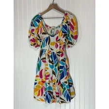 Tabitha Brown Target Puff Sleeve Dress M Linen Blend Rainbow Leaf Print Boho