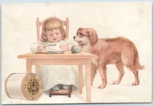 J & P COATS THREAD Little girl eating while pet dog looks on