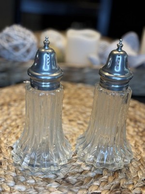 Vintage 1950s Crystal Salt & Pepper Shakers w/Silver Plated Lids