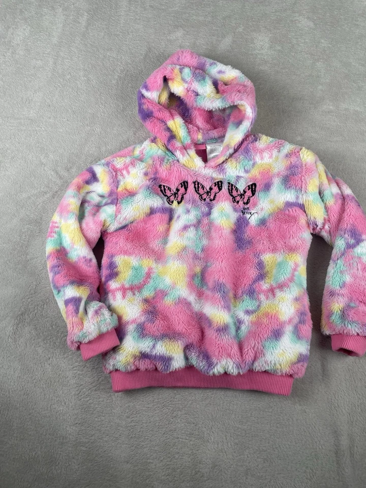 Betsey Johnson Hoodie Girls Medium Pink Sherpa Pullover Fur Butterfly - Image 2 of 4