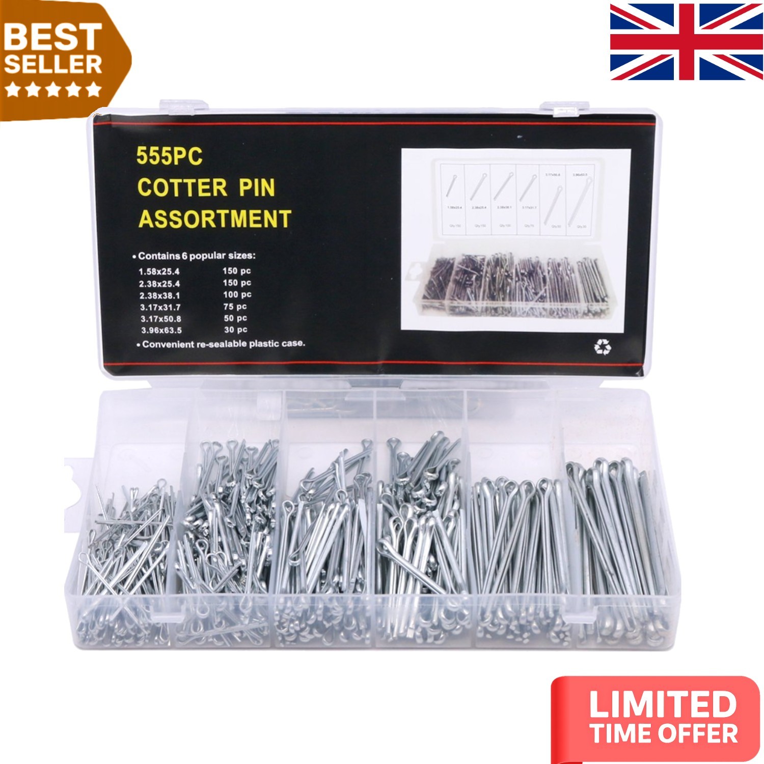 Comprehensive 555Pcs Cotter Pins - Durable Zinc Coating, Versatile Application