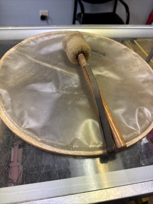 ANTIQUE TRIBAL NATIVE BUFFALO HIDE 15”WOOD FRAMED DRUM & SHRINER MALLET
