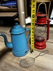 Farm house collectible-Vintage Blue Coffee Pot/red Oil Lamp/ Primitive Strainer — photo 1