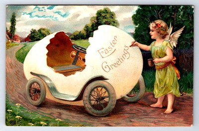 C1909 Vintage Postcard, Cherub painting Easter Greetings on Egg Car