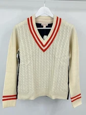 BROOKS BROTHERS NWT Cable Knit Wool Preppy Size L Cream and Navy Women Sweater