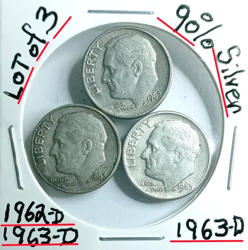 Roosevelt Silver Dimes Lot of 3 90%1962-D-1963-D-1963-D VG Condition Look@&Judge