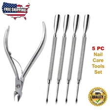 STAINLESS STEEL CUTICLE PUSHER NIPPER MANICURE PEDICURE NAIL CARE TOOLS 5 PC SET