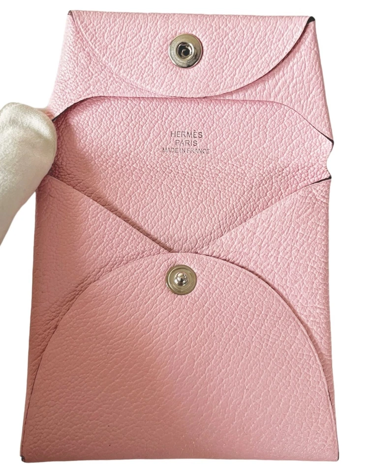 Monedero plegable de cuero confeti rosa Hermès Chèvre Mysore Bastia Verso para mujer Foto 3 de 4