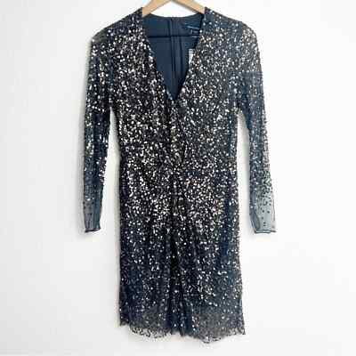 FRENCH CONNECTION EMILLE SPARKLE PEWTER SHORT DRESS V-NECK WOMEN LONG  SLEEVE