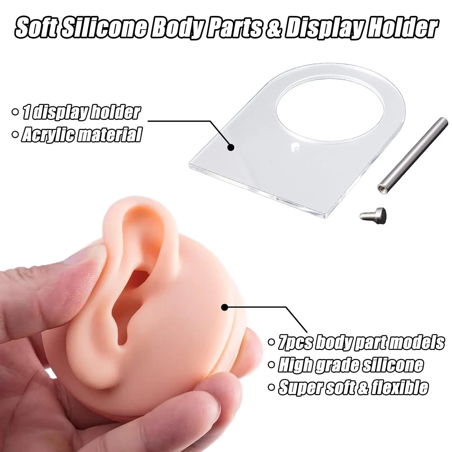 7Pcs Soft Silicone Piercing Body Parts with Display Stand | Realistic Ear, No... - product detail image 3