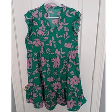 Curve Green Pink Floral Tiered Ruffle Sleeve Babydoll Mini Dress 1XL Shein