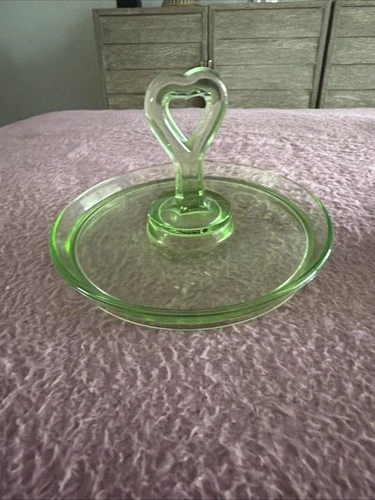 Lemon-Lime Vintage Vaseline Depression Glass Tray With Heart-Shaped Handle