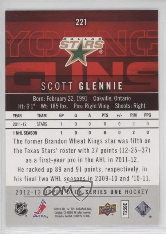 2012-13 Upper Deck Young Guns UD Exclusives /100 Scott Glennie #221 Rookie RC - Image 2 of 2